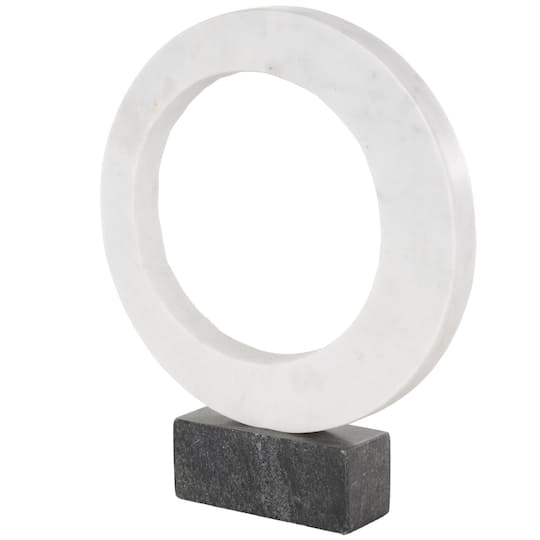 12.25" White Marble Geometric Open Ring Sculpture with Black Block Base